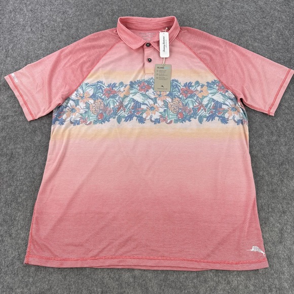 Tommy Bahama Polo Shirt Mens 2XL Pink Ombre Lei IslandZone Floral Golf ST226596